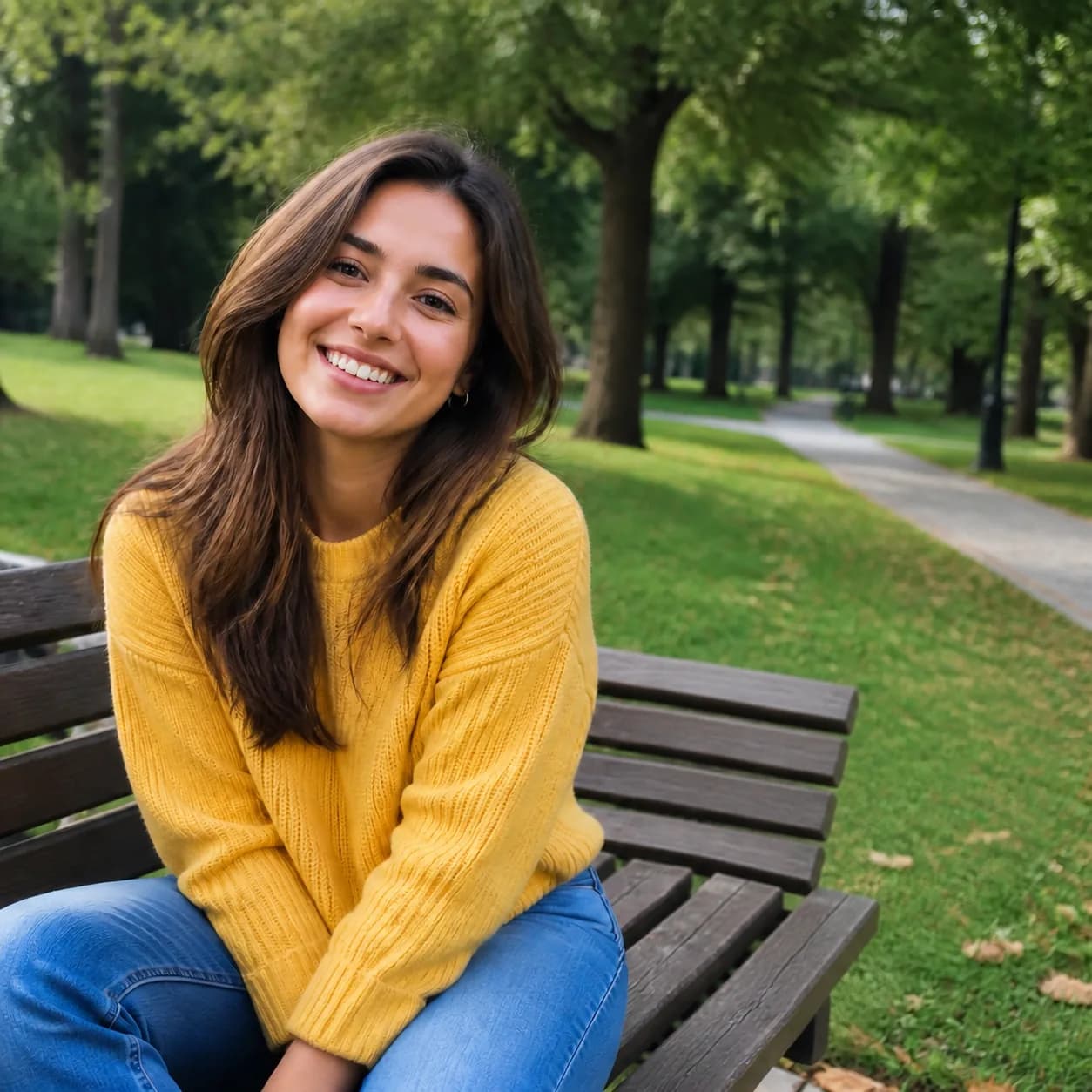 The same woman on a park bench after the red heart emoji was removed