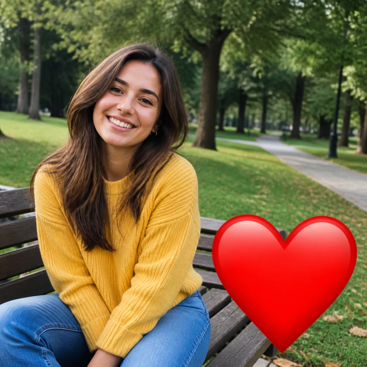 A woman on a park bench with a red heart emoji covering the lower-right part of the photo