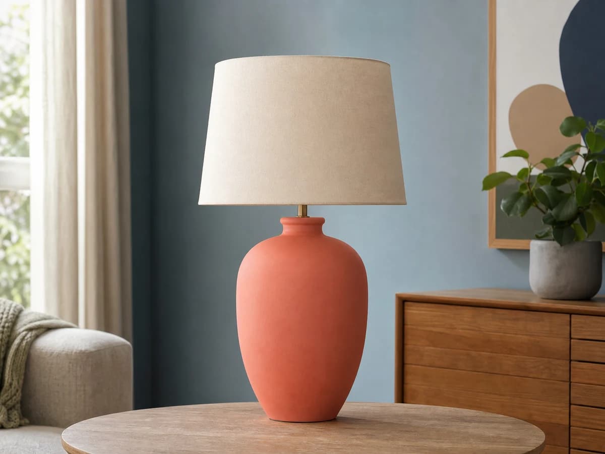 A coral table lamp photographed in a furnished room before background removal